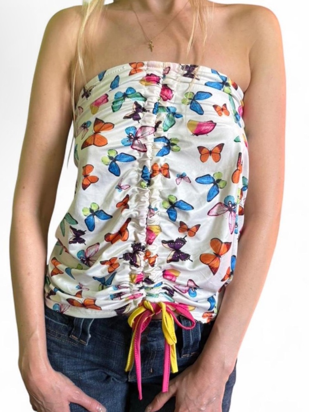Butterfly tube top with ruched front and tie up adjustable front boho fairy